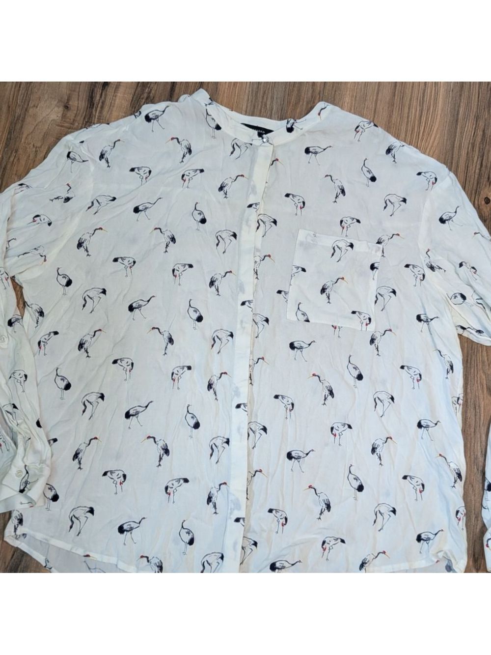 Atmosphere Long-Sleeve Shear Button Down Blouse, White, Crane Print, 14